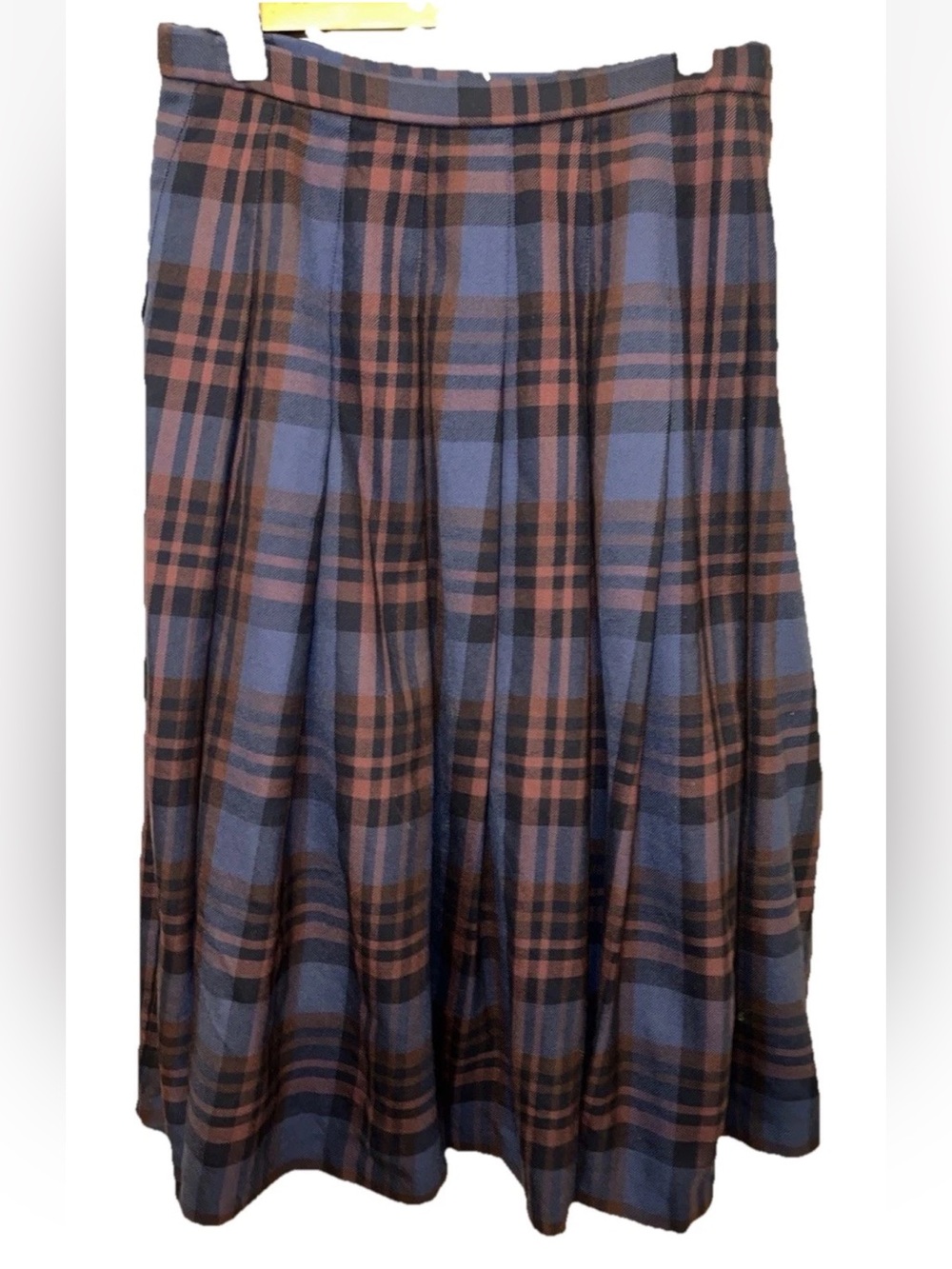 Vintage Pendleton Blue Red Plaid Pleated Virgin Wool Skirt Sz 14 Made USA
